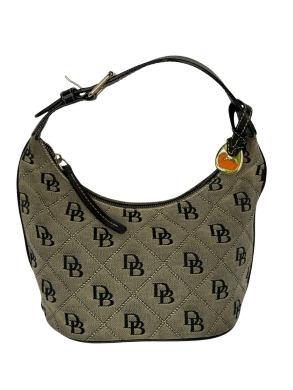 Dooney & Bourke Beige Logo Hobo with Black Trim and Orange Charm